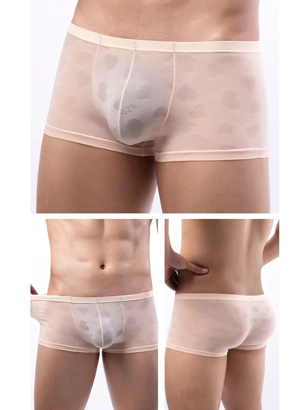 3- Pack Mens Sexy Heart Mesh Trunks