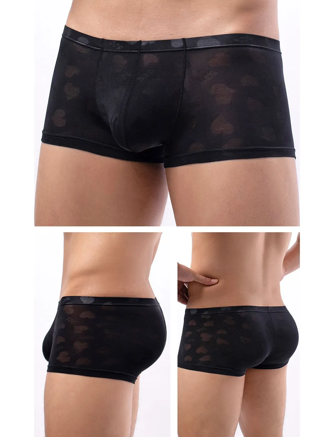 3- Pack Mens Sexy Heart Mesh Trunks