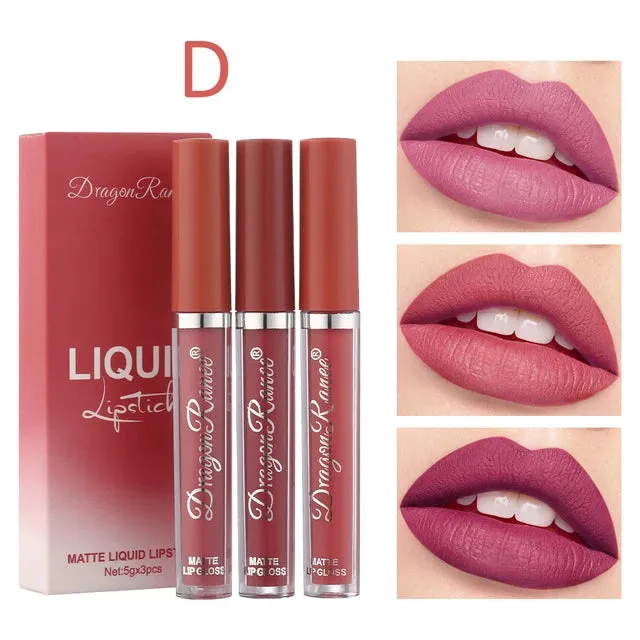 3pcs/set Velvet Matte Lip Gloss Matte Long Lasting Waterproof Lipstick Nourish Moisturizing Professional Lips Makeup