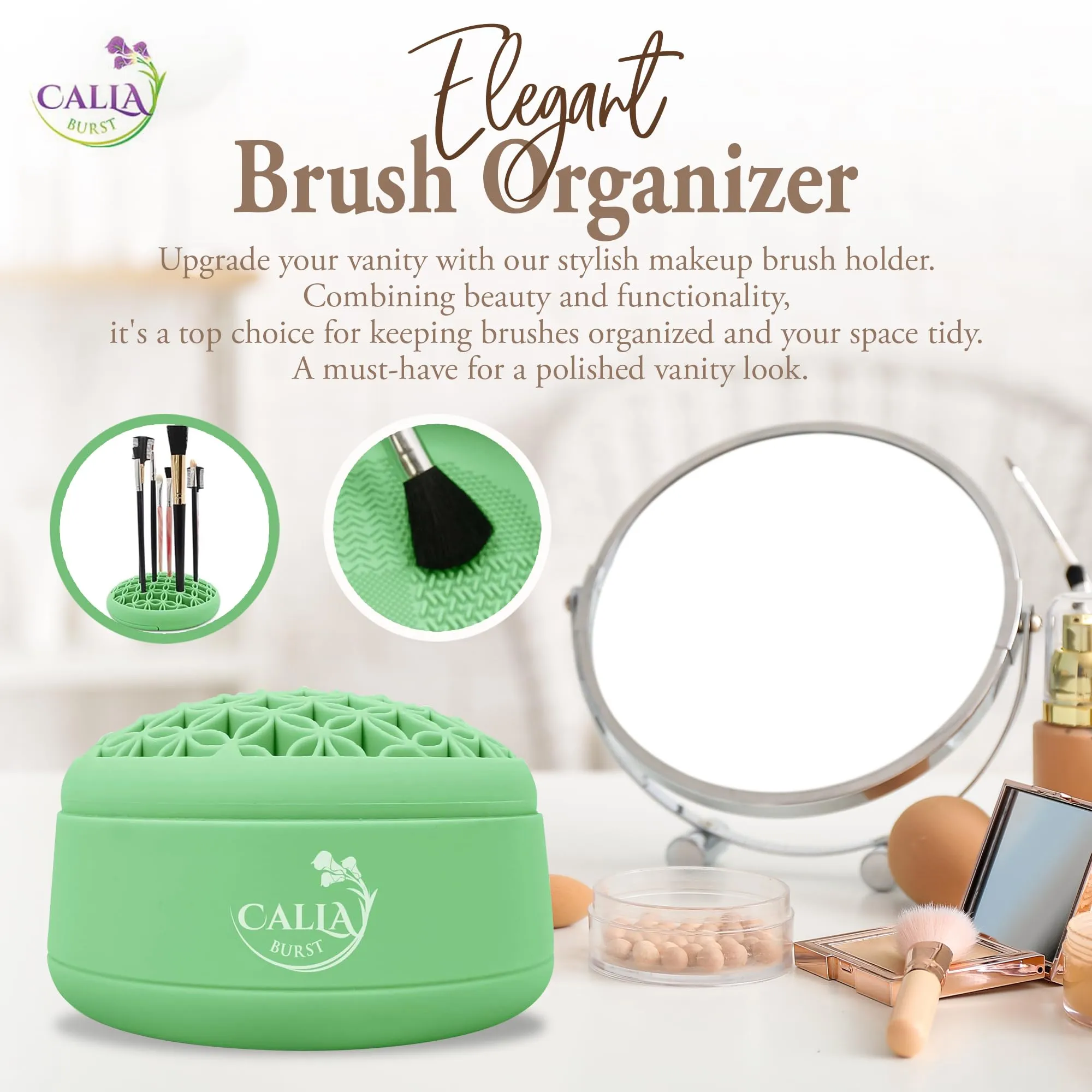 CallaBurst 3 in 1 Silicone Makeup Brush Cleaner - Make up Brush Cleaner Mat with Makeup Brush Drying Rack & Brush Organizer, Silicone Washing Tool Cleaning Bowl for Beauty Cosmetic Brushes (Green)