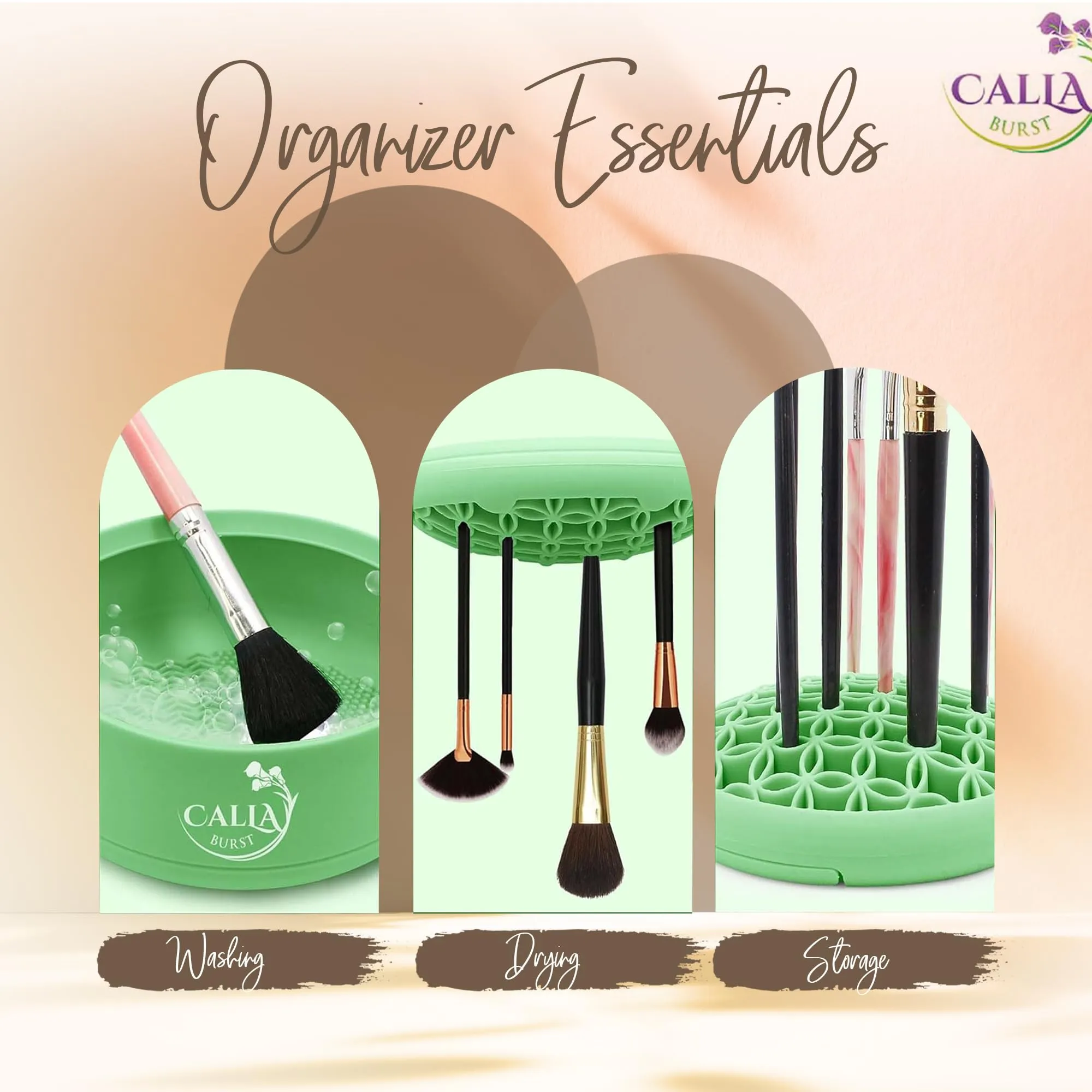 CallaBurst 3 in 1 Silicone Makeup Brush Cleaner - Make up Brush Cleaner Mat with Makeup Brush Drying Rack & Brush Organizer, Silicone Washing Tool Cleaning Bowl for Beauty Cosmetic Brushes (Green)