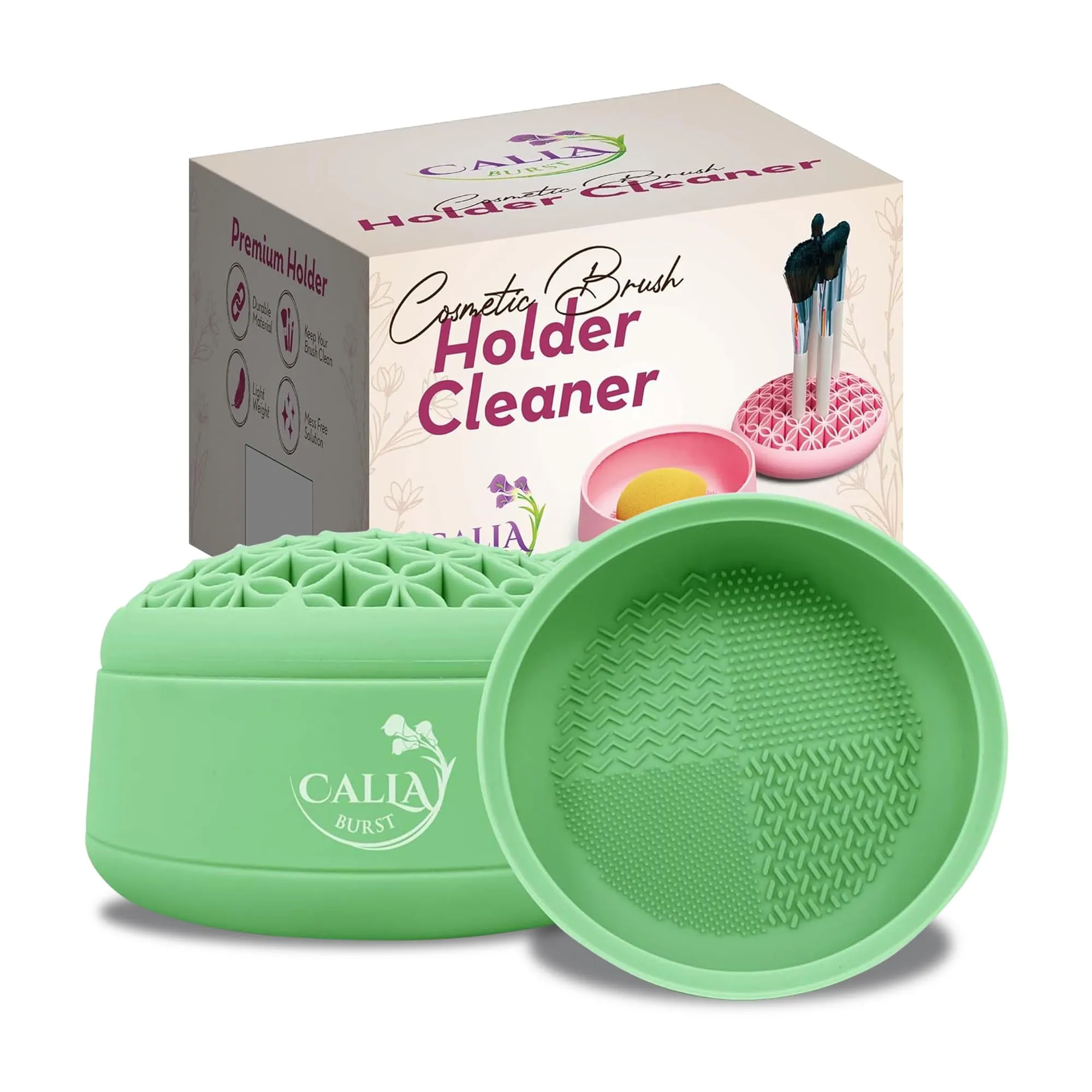 CallaBurst 3 in 1 Silicone Makeup Brush Cleaner - Make up Brush Cleaner Mat with Makeup Brush Drying Rack & Brush Organizer, Silicone Washing Tool Cleaning Bowl for Beauty Cosmetic Brushes (Green)