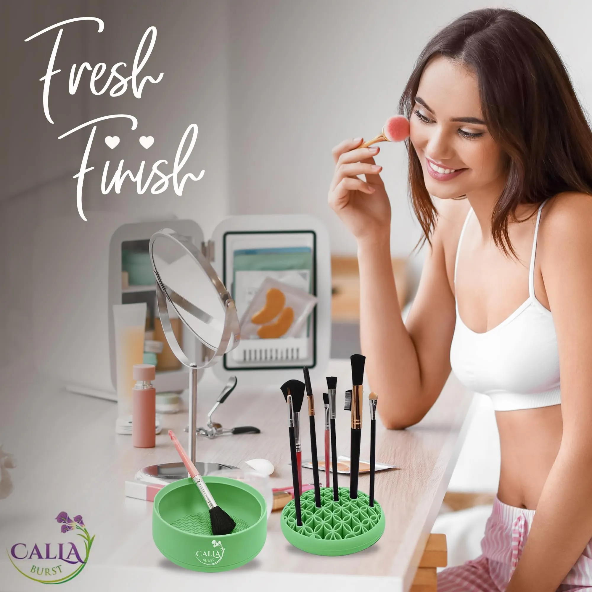 CallaBurst 3 in 1 Silicone Makeup Brush Cleaner - Make up Brush Cleaner Mat with Makeup Brush Drying Rack & Brush Organizer, Silicone Washing Tool Cleaning Bowl for Beauty Cosmetic Brushes (Green)