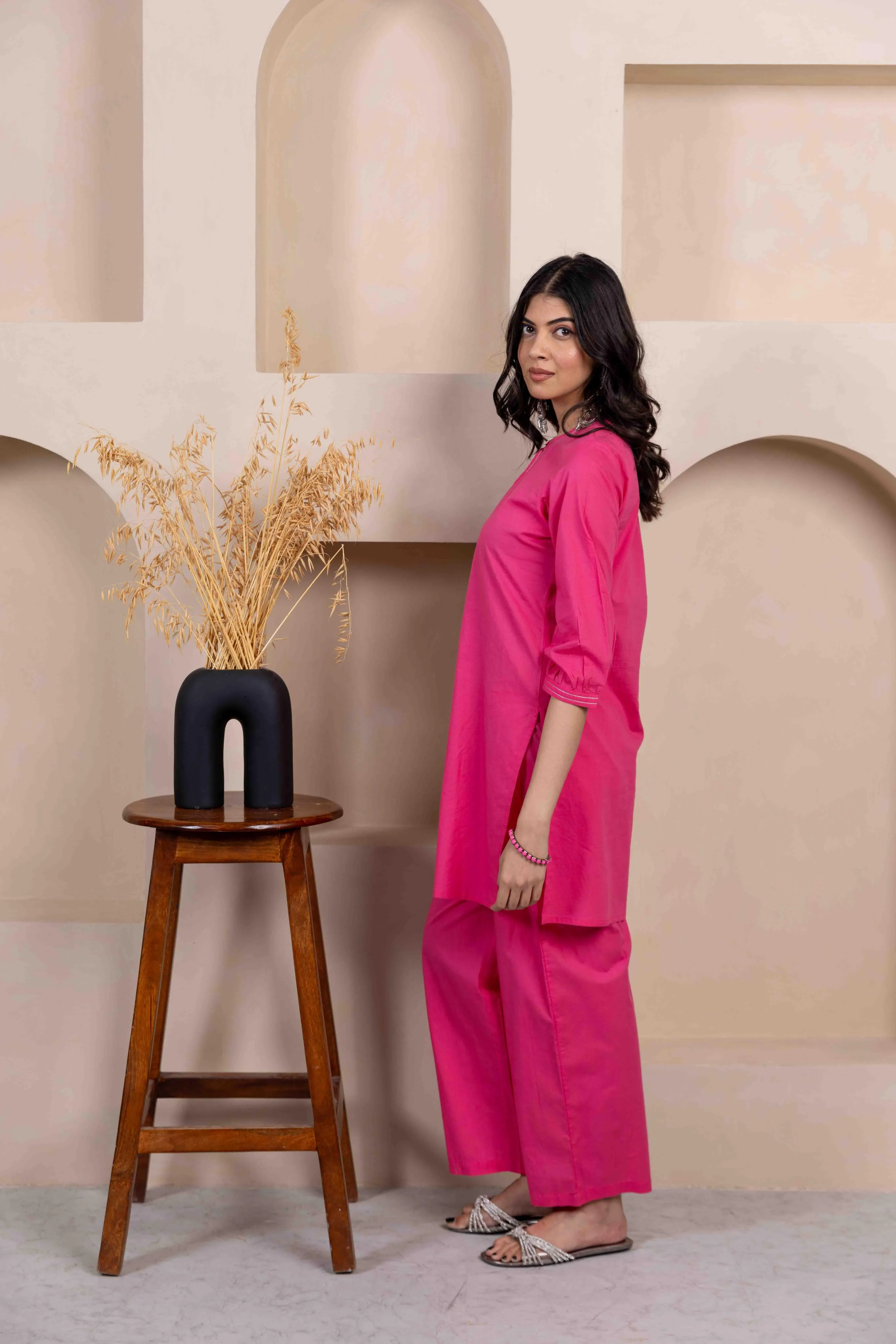 Dark Pink Everyday Cotton Co-Ord Set with Zari Embroidery