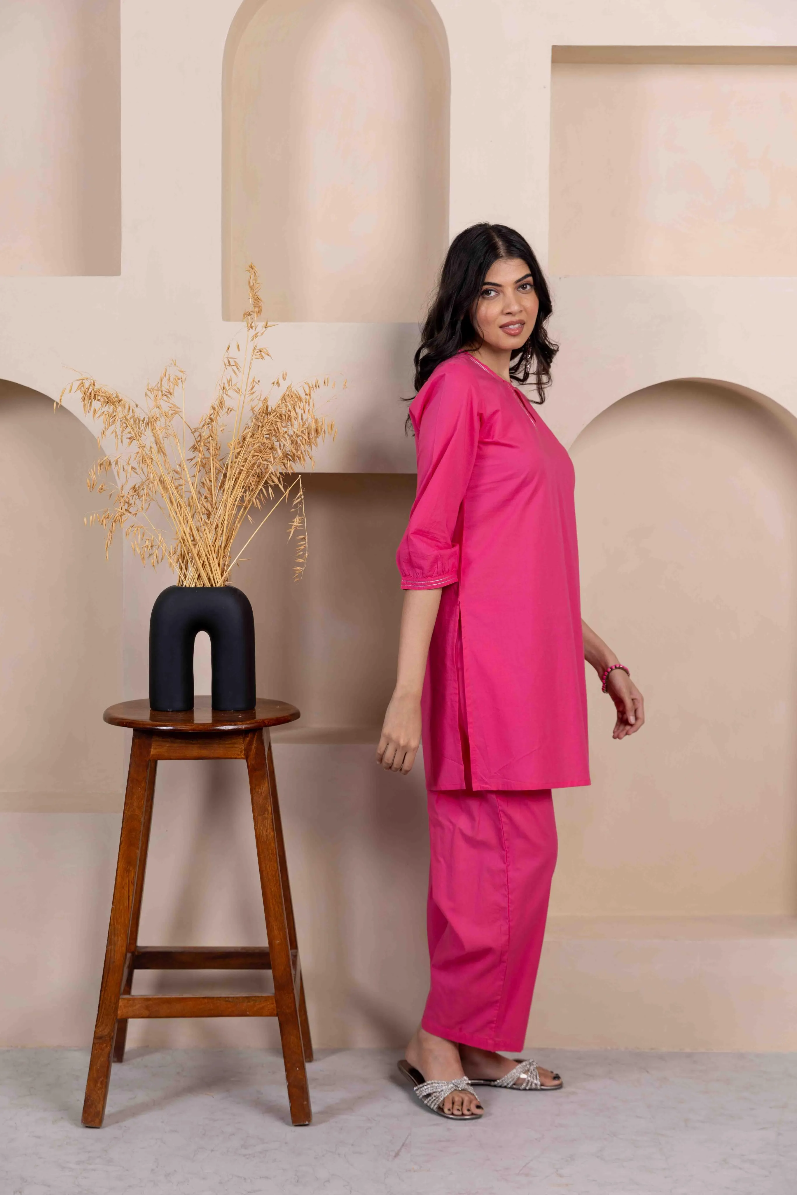 Dark Pink Everyday Cotton Co-Ord Set with Zari Embroidery